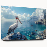 Acrylic glass wall art showcasing a vibrant pelican design, featuring intricate details and a side view, elegantly framed with decorative pins for a modern touch.