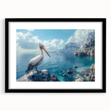 Framed wall art showcasing a detailed pelican design in vibrant colors, set in a sleek black frame with a white mat, perfect for coastal-themed decor. Ideal for enhancing living spaces with a touch of nature and elegance.