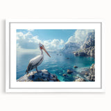 Elegant wall art featuring a pelican design, framed in white with a mat, showcasing vibrant colors and intricate details, perfect for coastal-themed decor.