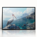 Framed acrylic wall art showcasing a striking pelican design, featuring a black frame and vibrant colors, perfect for enhancing modern home decor.