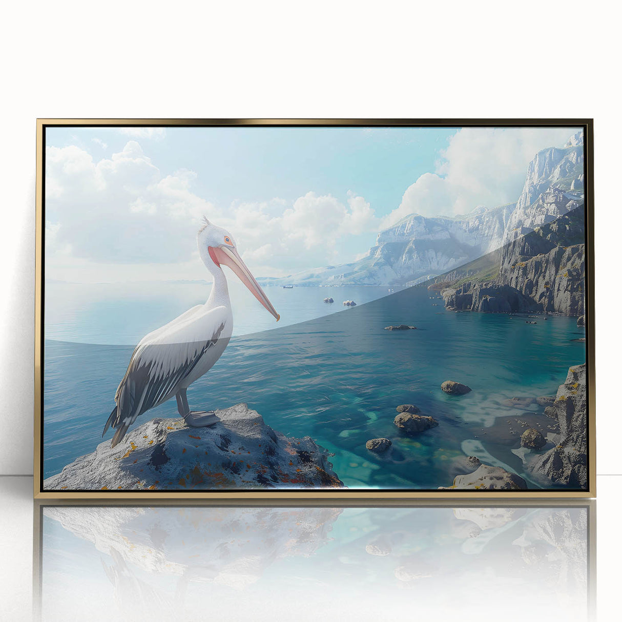 Framed wall art featuring a golden acrylic design of pelicans in a serene setting, showcasing intricate details and vibrant colors, perfect for coastal home decor.