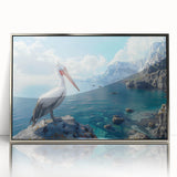 Framed wall art showcasing a silver-accented pelican design, ideal for coastal-themed decor. Acrylic finish enhances colors, perfect for adding elegance to any room.