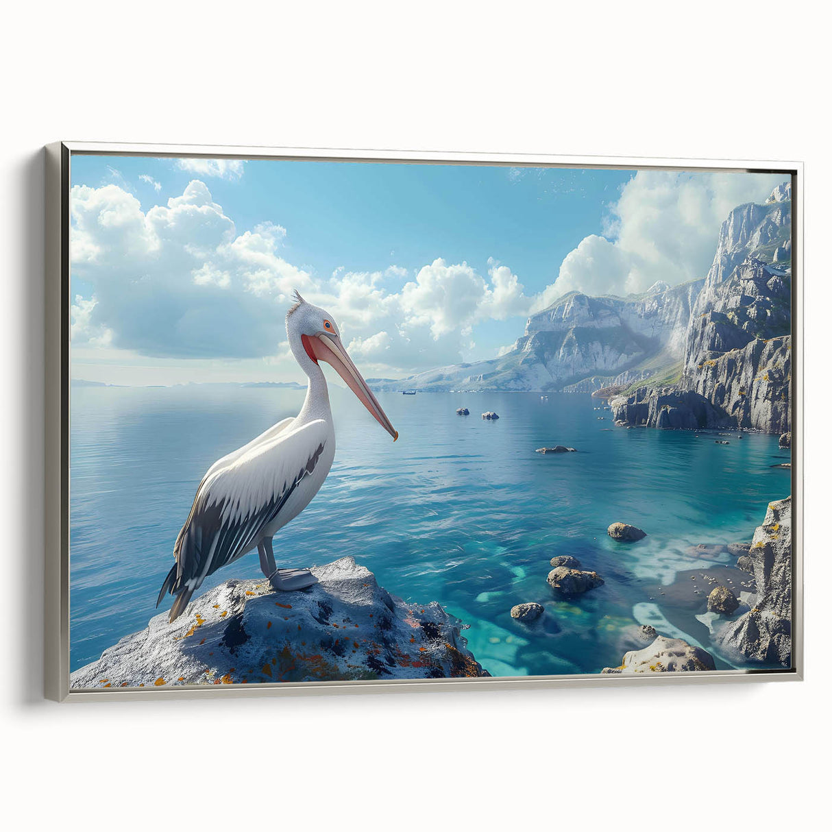 Framed wall art featuring a silver side view of a pelican, showcasing intricate details and vibrant colors, perfect for beach-themed home decor.