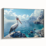 Framed wall art featuring a silver side view of a pelican, showcasing intricate details and vibrant colors, perfect for beach-themed home decor.