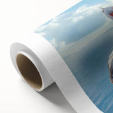 Colorful rolled canvas artwork depicting a stylized pelican design, showcasing vibrant blues and greens, perfect for enhancing home decor.