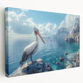 Stretched canvas wall art showcasing a stylized pelican design in vibrant colors, ideal for coastal home decor. Perfect for enhancing living spaces with a touch of nature.