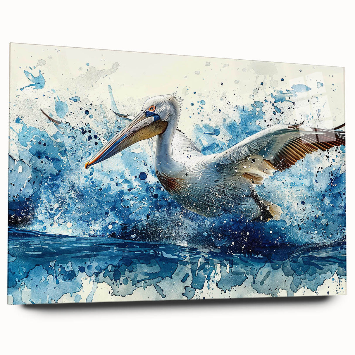 Side view of a pelican design wall art collection featuring vibrant colors and sleek acrylic glass finish, ideal for modern home decor. Perfect for bird lovers.