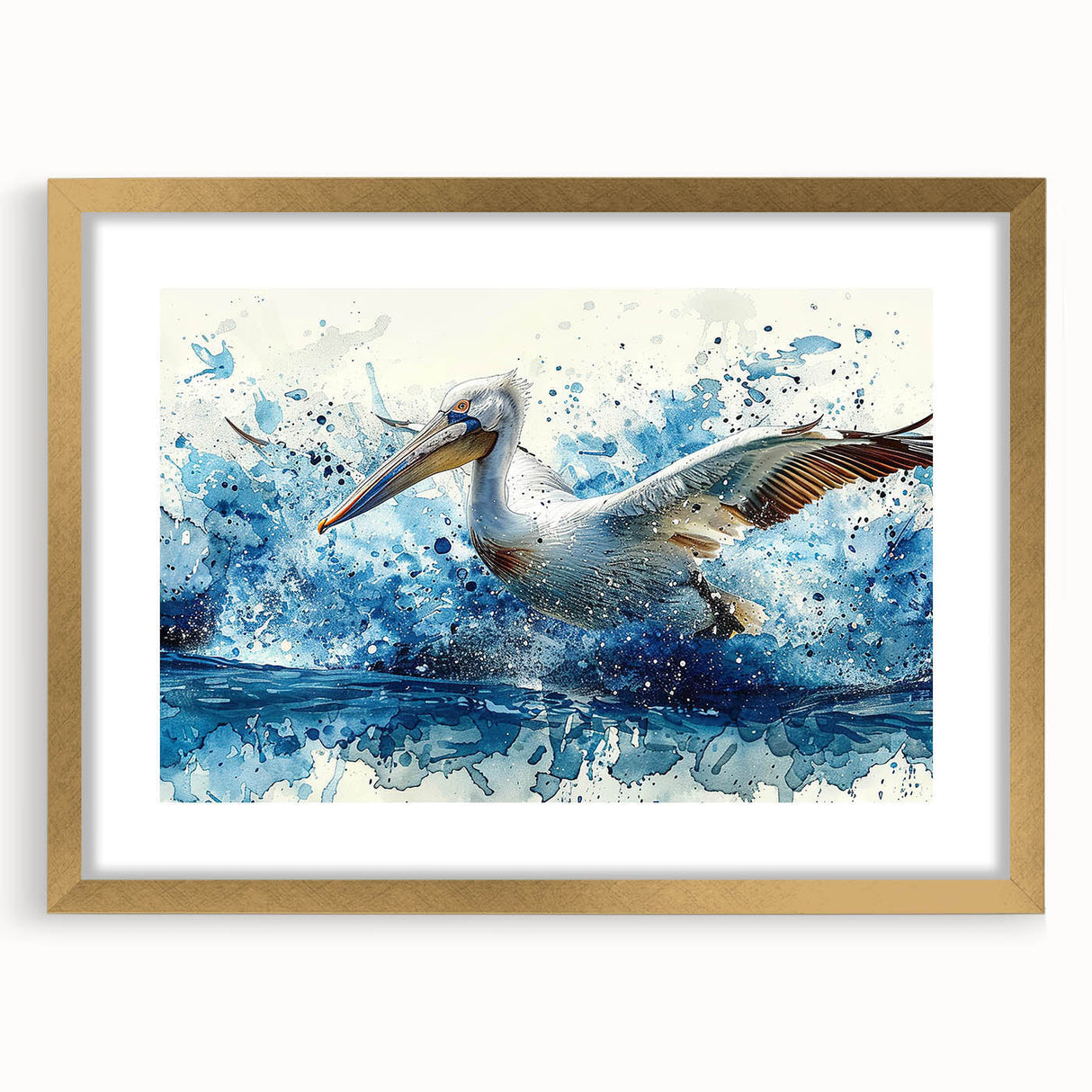 Elegant wall art featuring a gold-framed design of pelicans in a serene setting, perfect for coastal decor. The mat adds a sophisticated touch, enhancing any room's ambiance.