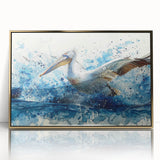 Framed wall art featuring a golden-accented pelican design, showcasing intricate details and vibrant colors, perfect for enhancing modern decor.