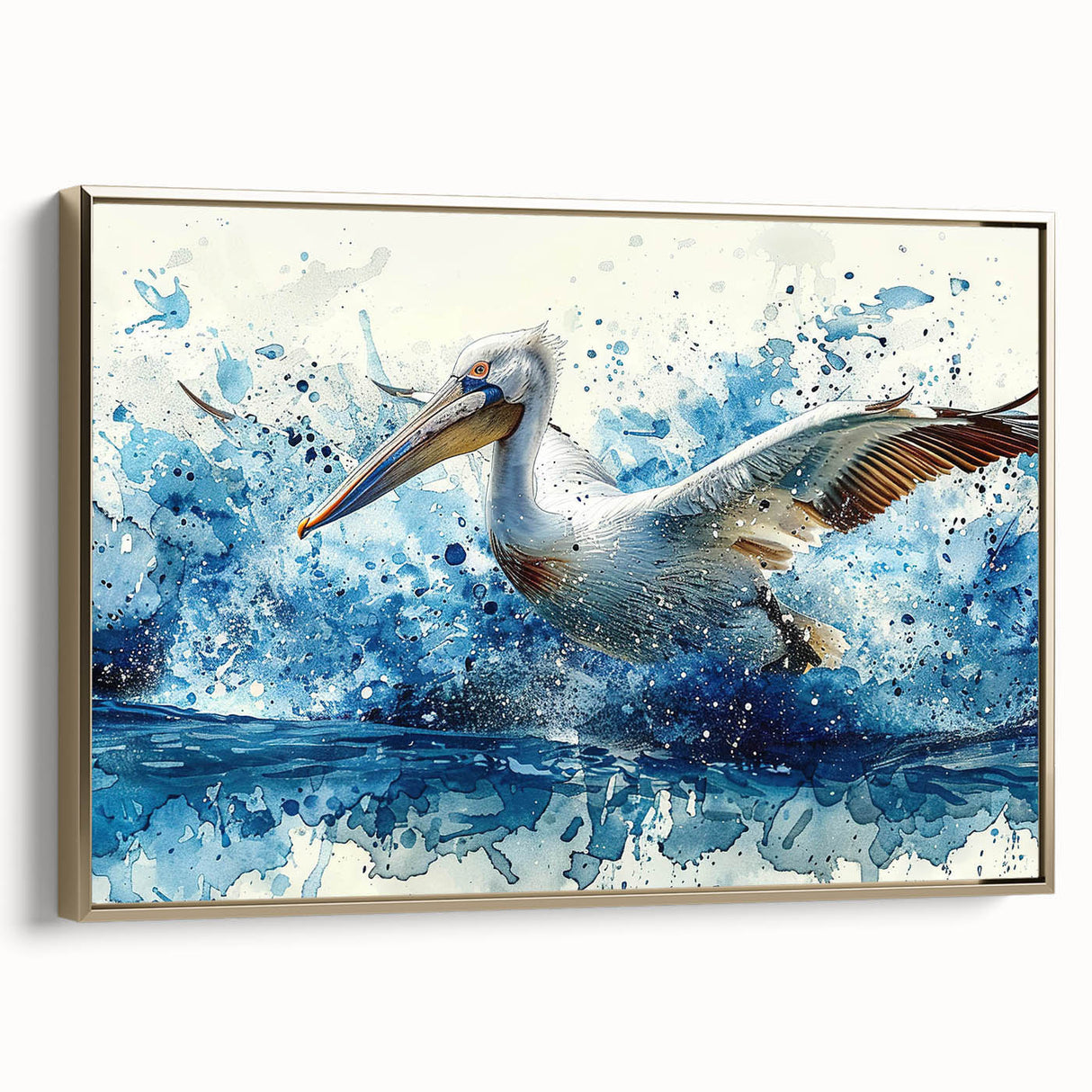 Framed wall art featuring a side view of a golden pelican design on textured canvas, ideal for coastal home decor. This vibrant artwork adds elegance and charm to any room.