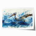 Colorful pelican wall art design featuring vibrant blues and yellows, presented as a rolled print, perfect for enhancing modern home decor.
