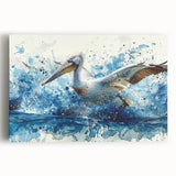 Colorful stretched canvas wall art featuring a pelican design in a vibrant coastal setting, perfect for adding a tropical touch to home decor.