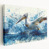 Stretched canvas wall art featuring a side view of a colorful pelican design, showcasing vibrant hues against a minimalist background, perfect for coastal decor.