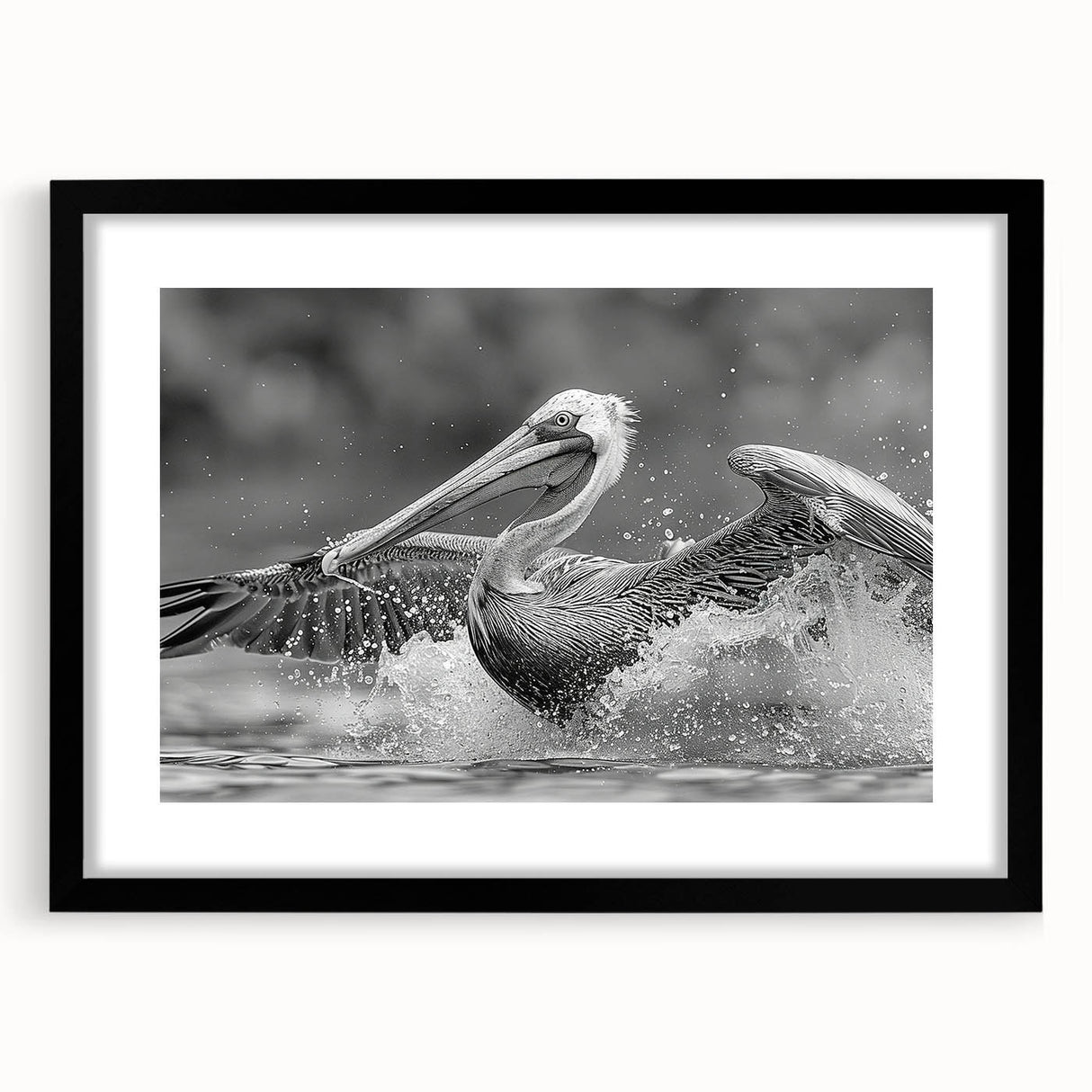 Framed wall art featuring a striking pelican design in vibrant colors, set against a black mat, perfect for coastal-themed home decor. Ideal for bird lovers and art enthusiasts.