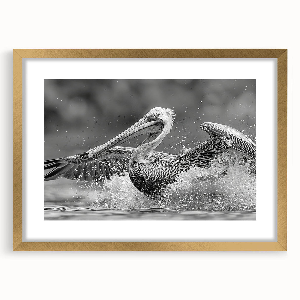 Elegant framed wall art collection featuring a pelican design, with a gold frame and matting, perfect for enhancing coastal-themed decor. Ideal for nature lovers and bird enthusiasts.