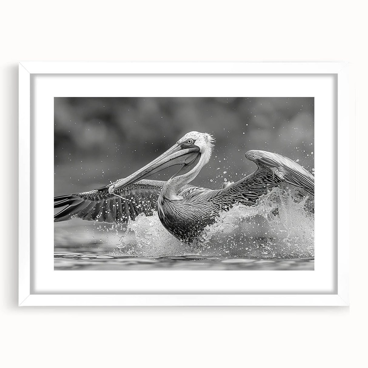 Framed wall art collection featuring a pelican design, showcasing vibrant colors and intricate details, displayed in a white mat with a sleek frame, ideal for coastal decor.