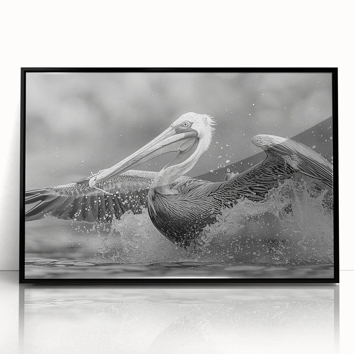 Framed wall art depicting a serene pelican design, featuring vibrant colors and intricate details, set against a sleek black frame, perfect for enhancing home decor.