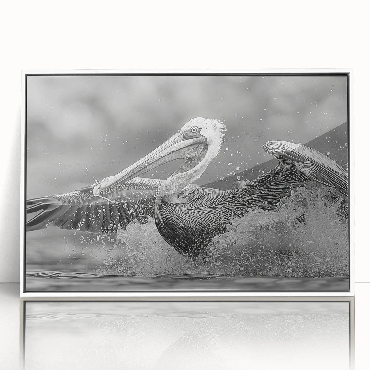 Framed wall art featuring a pelican design, showcasing vibrant colors and intricate details, presented in a sleek white frame, perfect for coastal-themed decor.