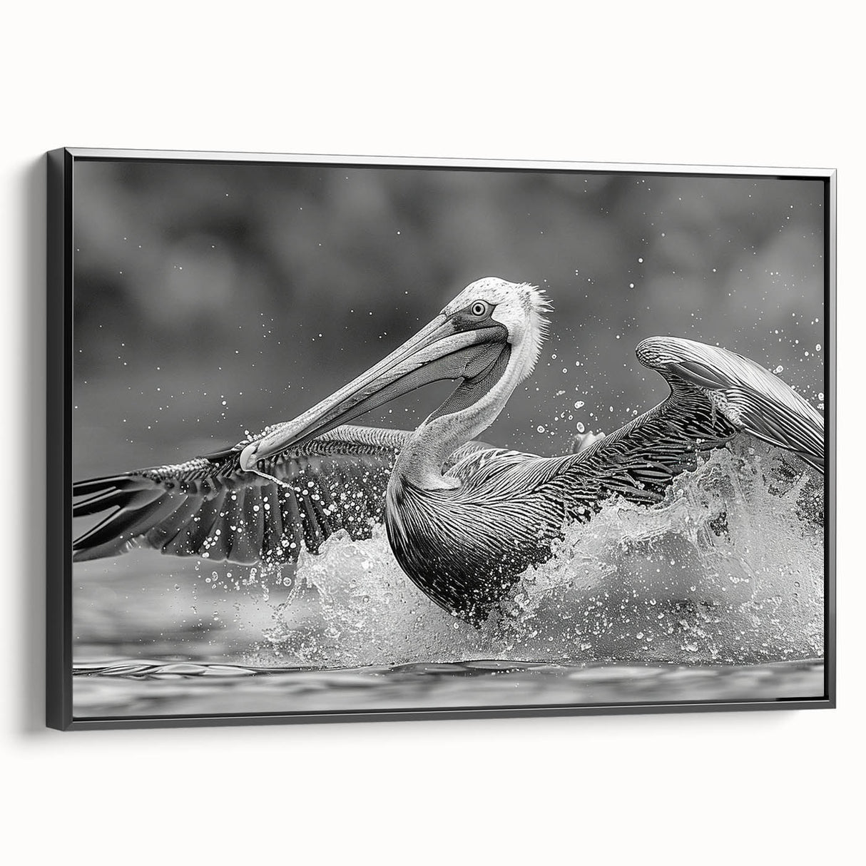 Framed wall art featuring a side view of a pelican design on textured canvas, showcasing vibrant colors and intricate details, ideal for coastal home decor.