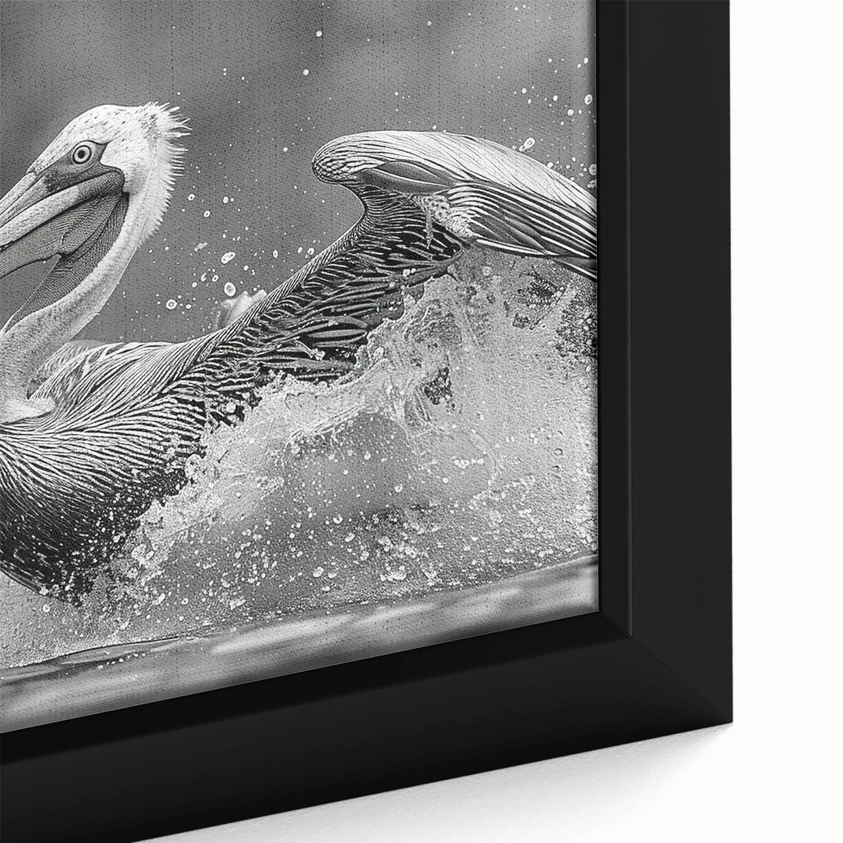 Close-up of a framed canvas wall art piece showcasing a vibrant pelican design, featuring intricate details and rich colors, perfect for enhancing home decor.