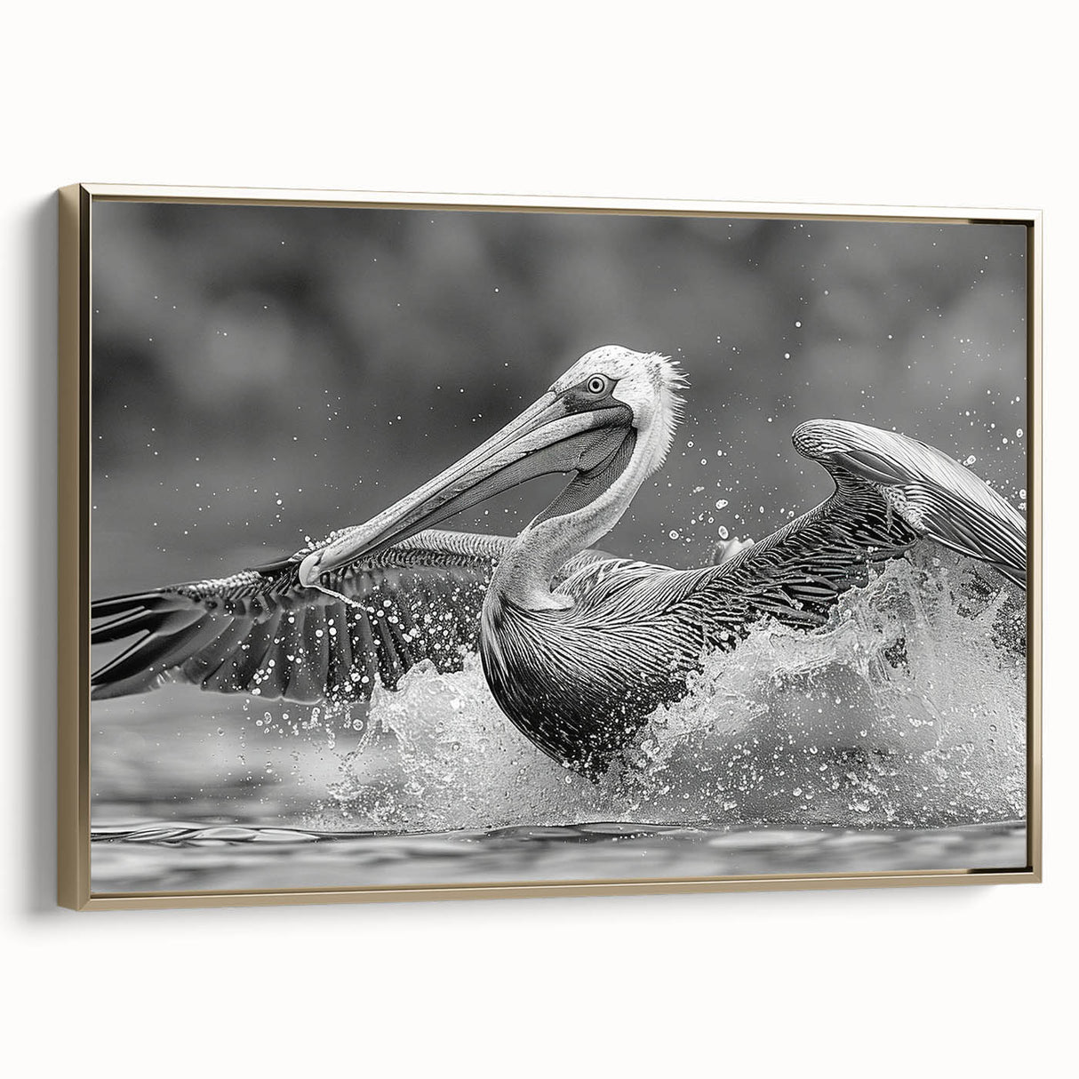 Framed wall art featuring a side view of a golden pelican design on a textured canvas, perfect for enhancing modern decor with nature-inspired elegance.