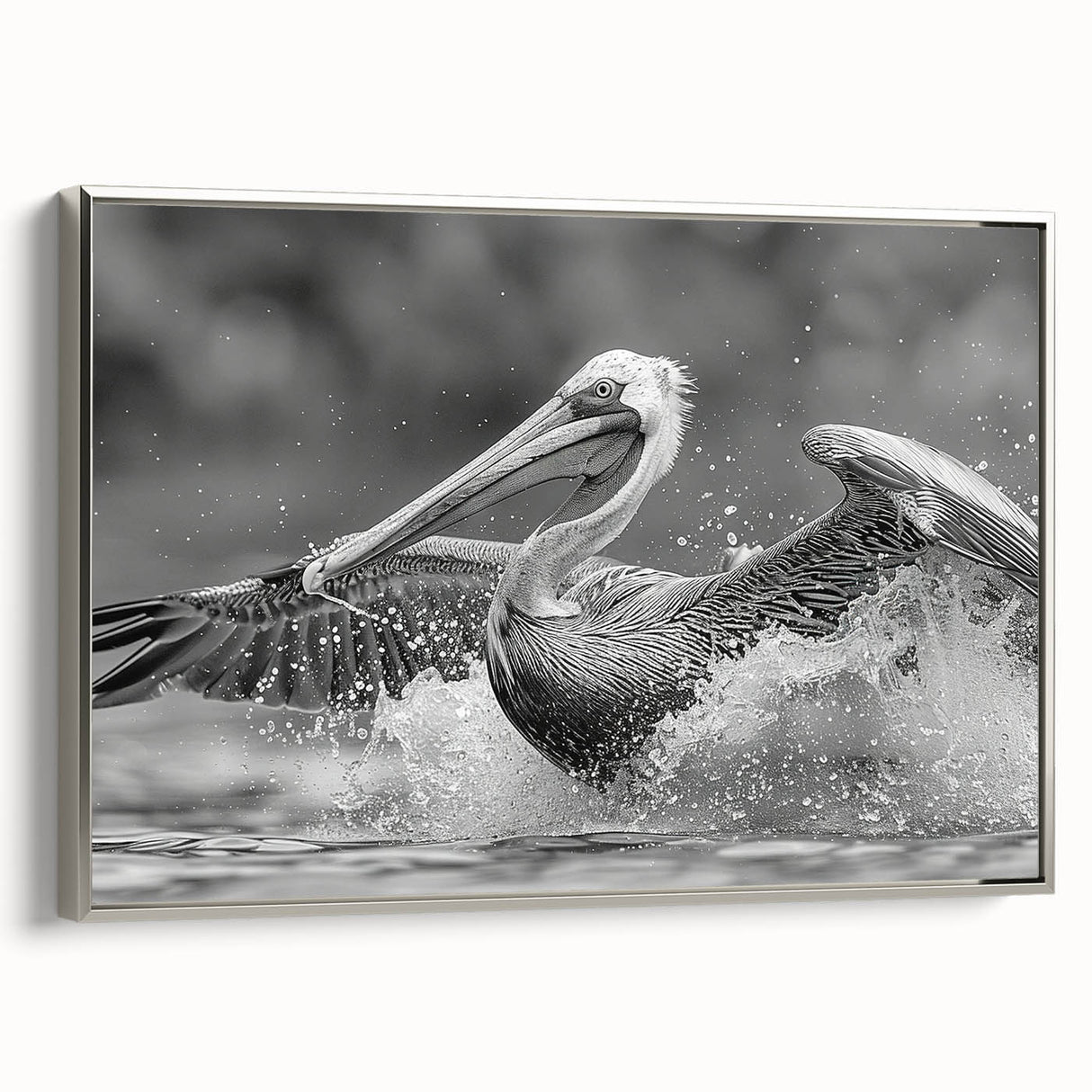 Framed wall art featuring a side view of a silver pelican design on canvas, showcasing detailed textures and vibrant colors, perfect for enhancing modern decor.