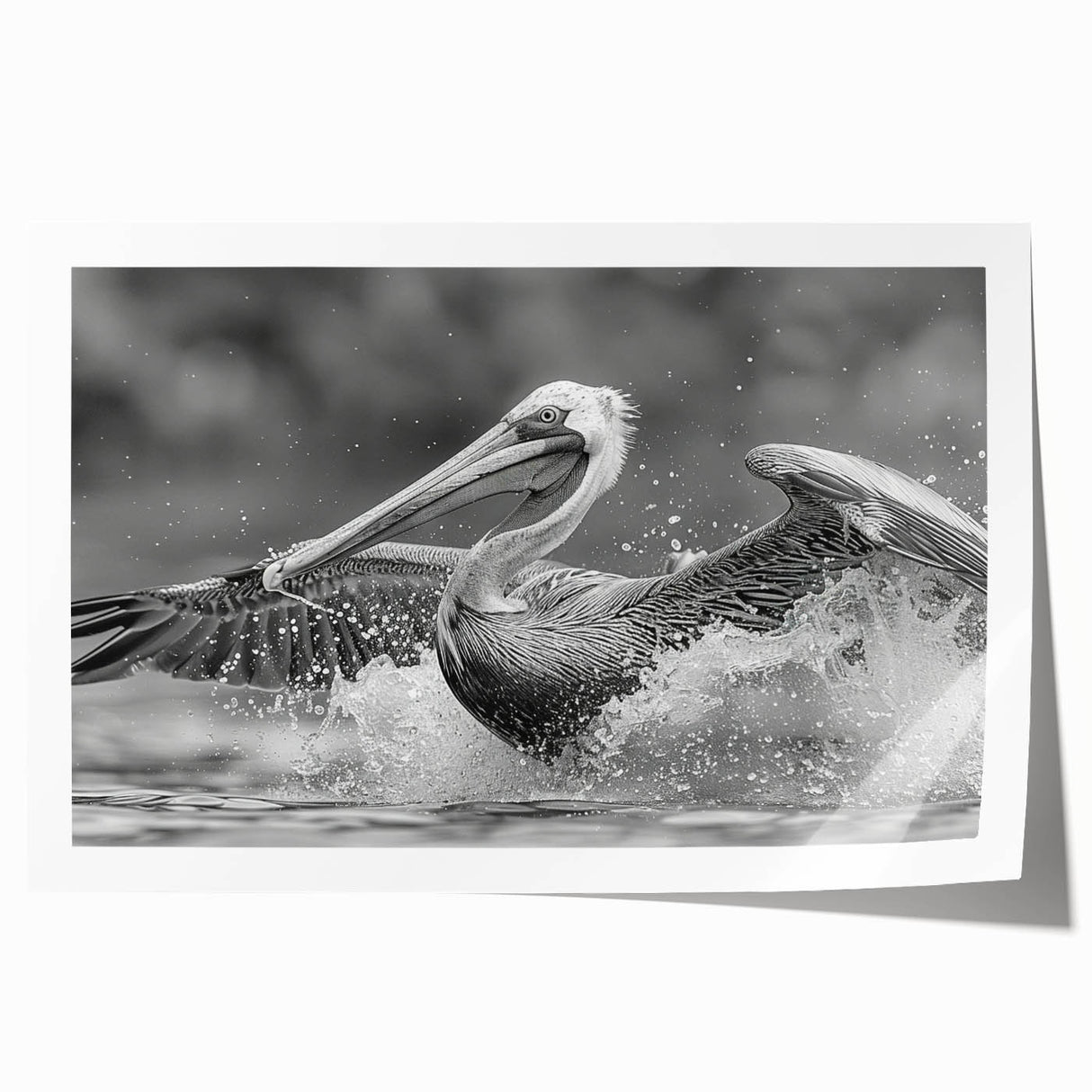 Colorful pelican wall art print showcasing intricate design details, featuring a vibrant palette of blues and oranges, rolled for easy transport and display. Perfect for coastal home decor enthusiasts, this artwork blends nature with artistic flair.