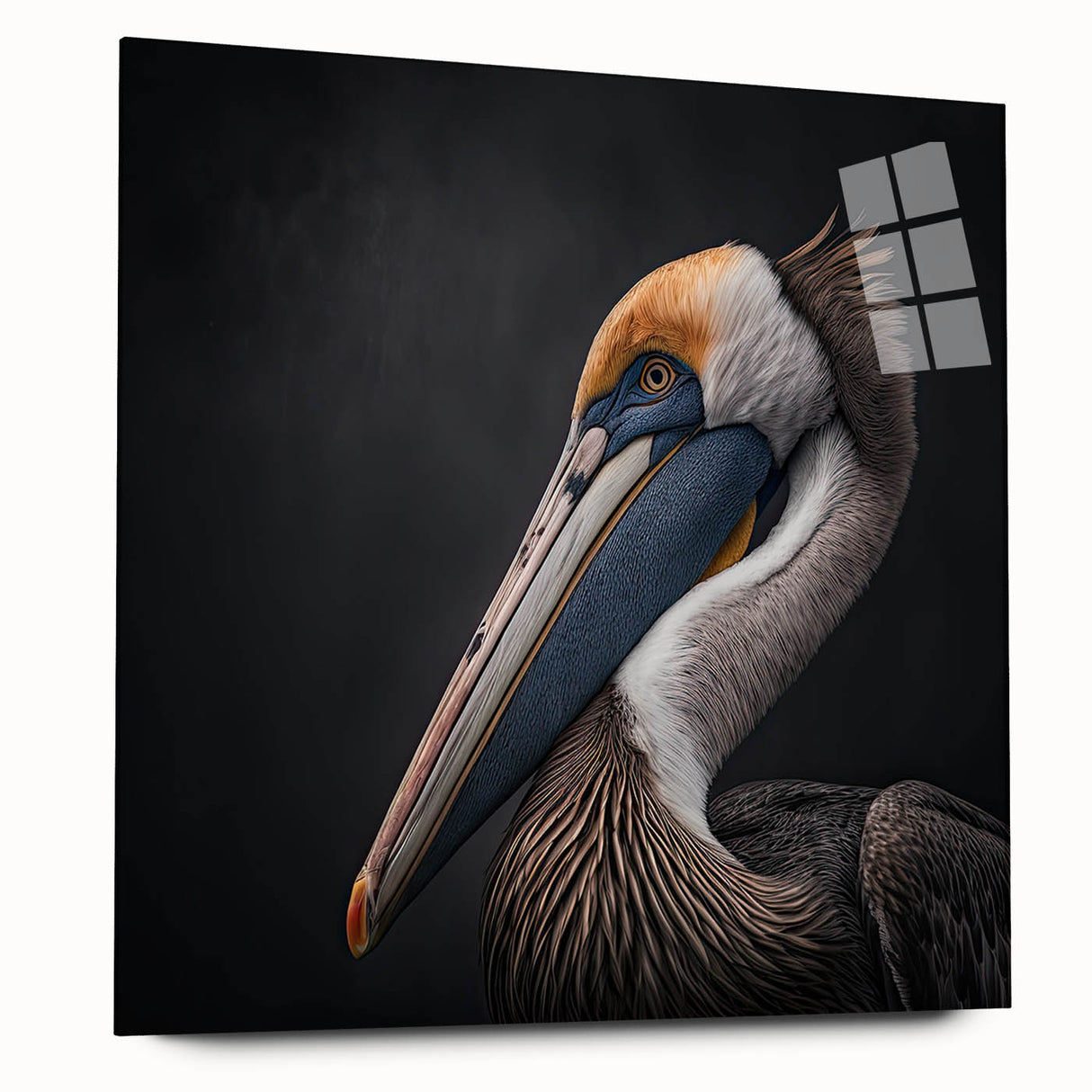 Elegant acrylic wall art featuring a side view of a pelican, showcasing intricate details and vibrant colors, perfect for enhancing modern home decor.
