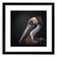 Framed wall art featuring a pelican design in a black frame with a mat, showcasing intricate details and vibrant colors, perfect for enhancing home decor.