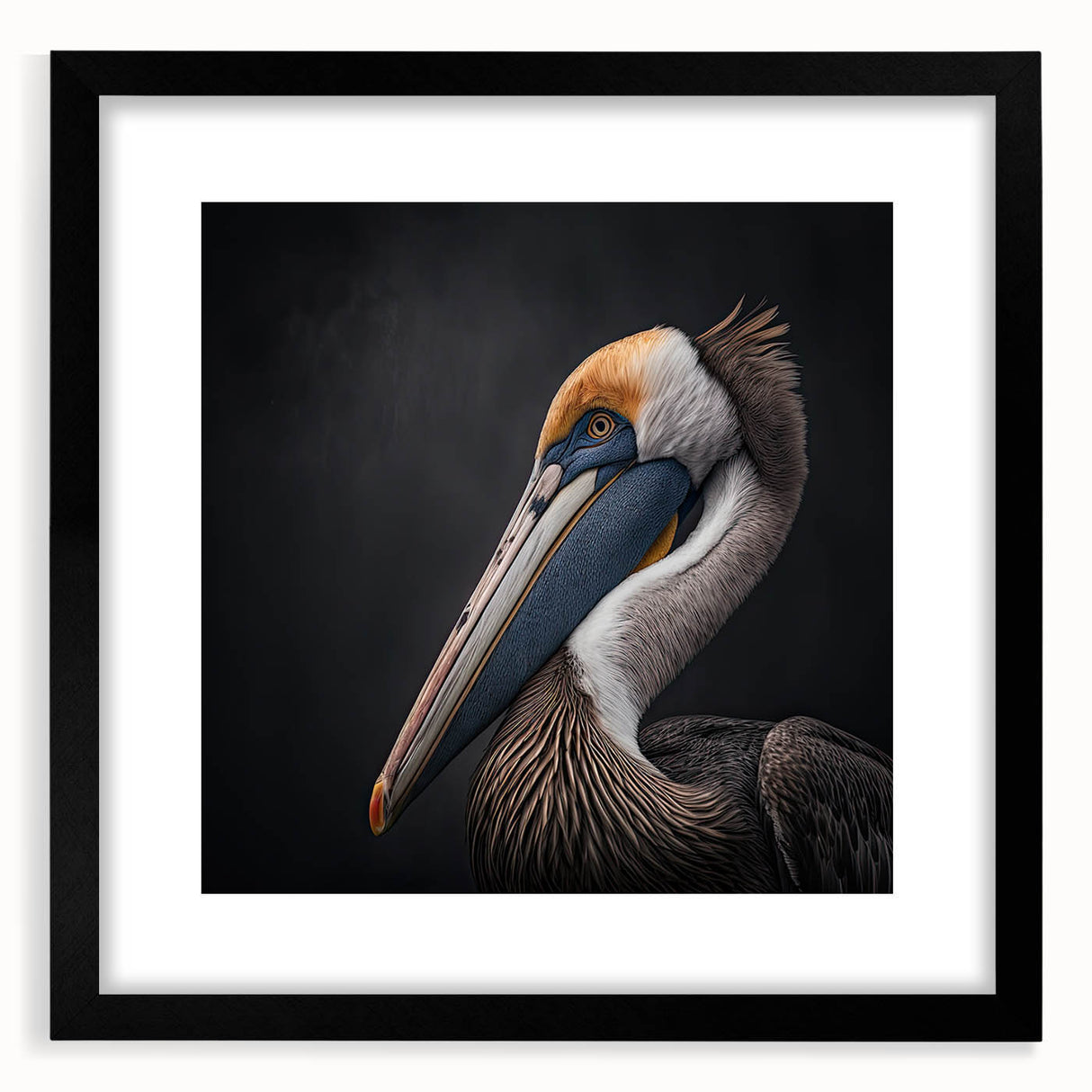 Framed wall art featuring a pelican design in a black frame with a mat, showcasing intricate details and vibrant colors, perfect for enhancing home decor.