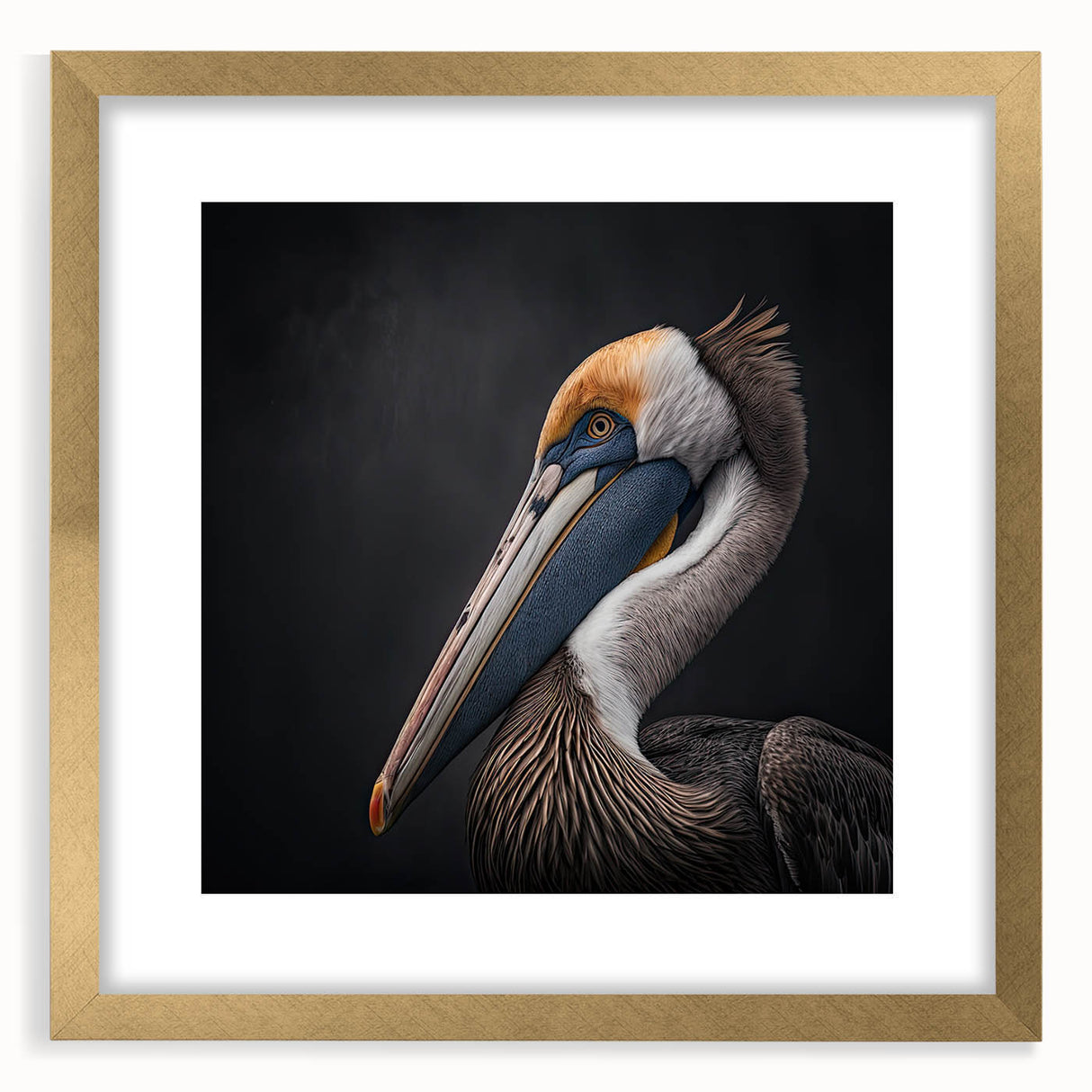 Pelican-themed wall art framed in gold with a white mat, showcasing intricate bird designs against a neutral background, perfect for coastal decor enthusiasts.