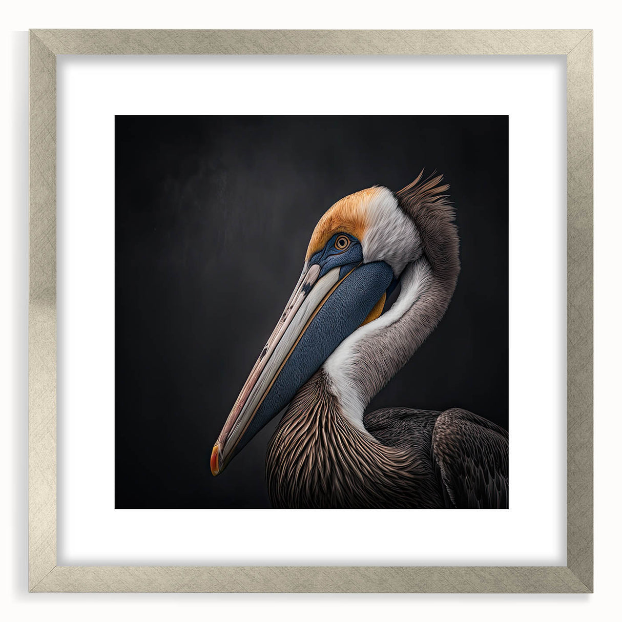 Framed wall art featuring a silver mat and a striking pelican design, perfect for adding a coastal touch to home decor. Ideal for bird lovers and coastal aesthetics.