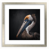 Framed wall art featuring a silver mat and a striking pelican design, perfect for adding a coastal touch to home decor. Ideal for bird lovers and coastal aesthetics.