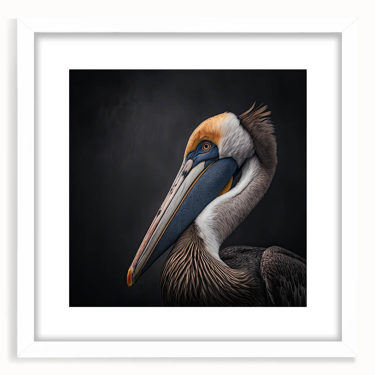Framed wall art featuring a serene pelican design, set against a white mat background. The artwork showcases intricate details and vibrant colors, perfect for adding a coastal touch to home decor. Ideal for bird lovers and nature enthusiasts seeking stylish wall decor.