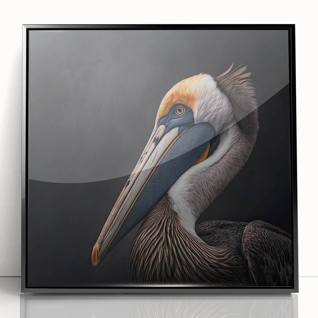 Framed acrylic wall art featuring a stunning pelican design, showcasing vibrant colors and intricate details, perfect for enhancing modern home decor.