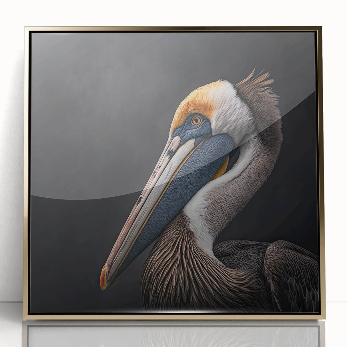 Framed wall art featuring a stylish pelican design in gold accents, showcased in a modern acrylic frame, ideal for coastal-themed home decor.