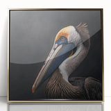 Framed wall art featuring a stylish pelican design in gold accents, showcased in a modern acrylic frame, ideal for coastal-themed home decor.
