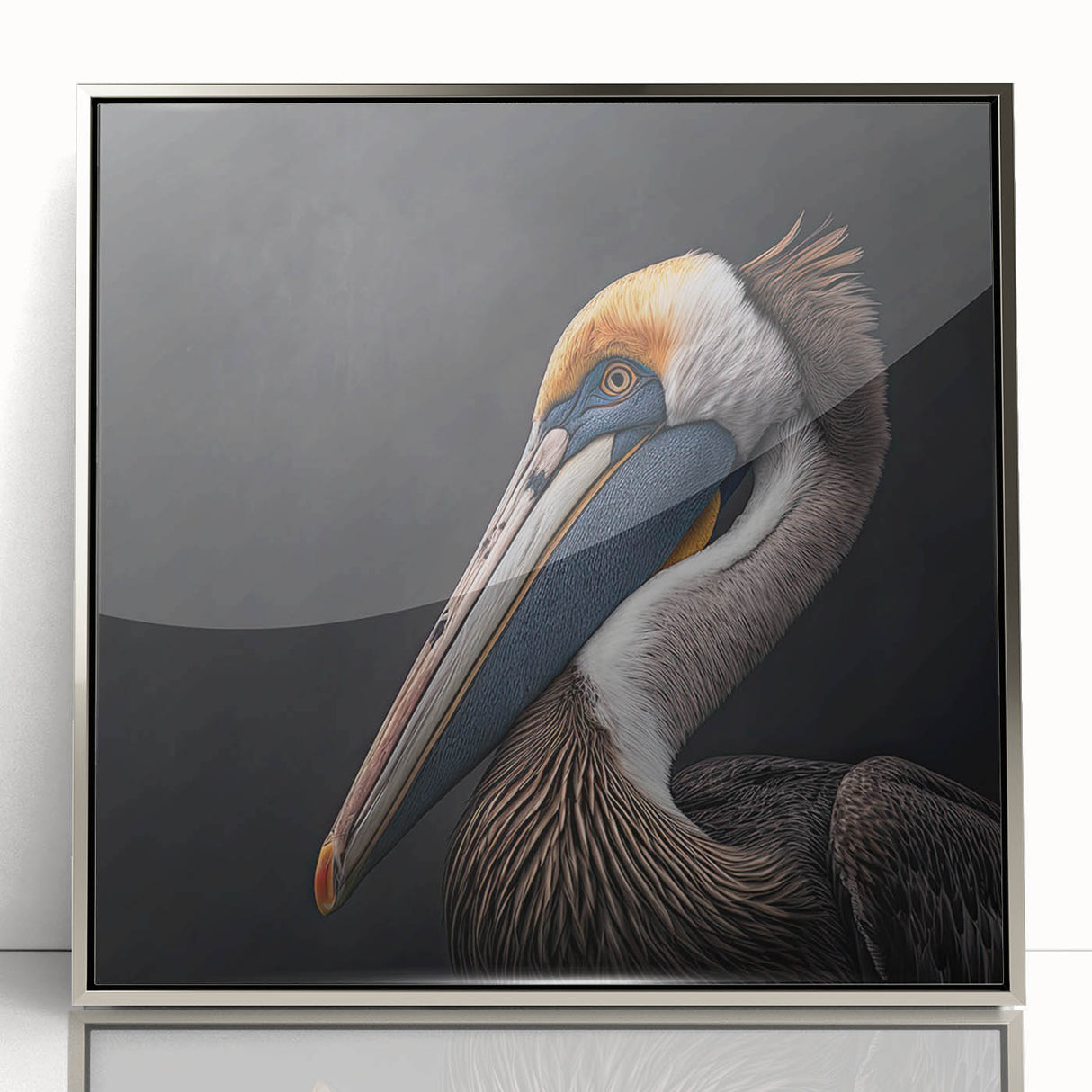 Framed acrylic wall art featuring a striking pelican design against a silver background, showcasing vibrant colors and intricate details, perfect for home decor.