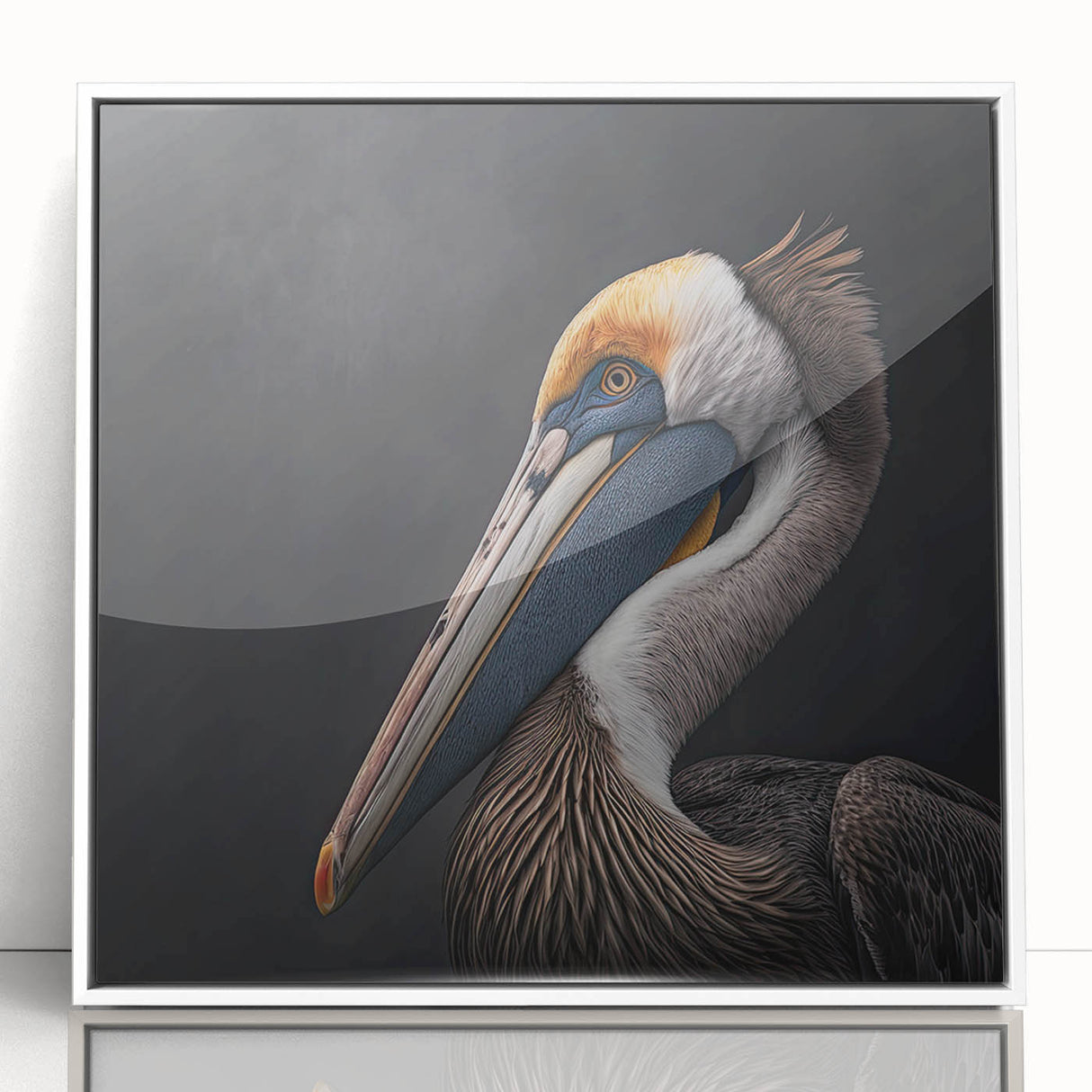 Framed wall art featuring a striking pelican design, showcasing vibrant colors on acrylic, set against a sleek white frame, ideal for coastal decor.