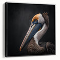 Framed canvas wall art featuring a pelican design in vibrant colors, set against a black background, showcasing an elegant side view that enhances any modern decor.