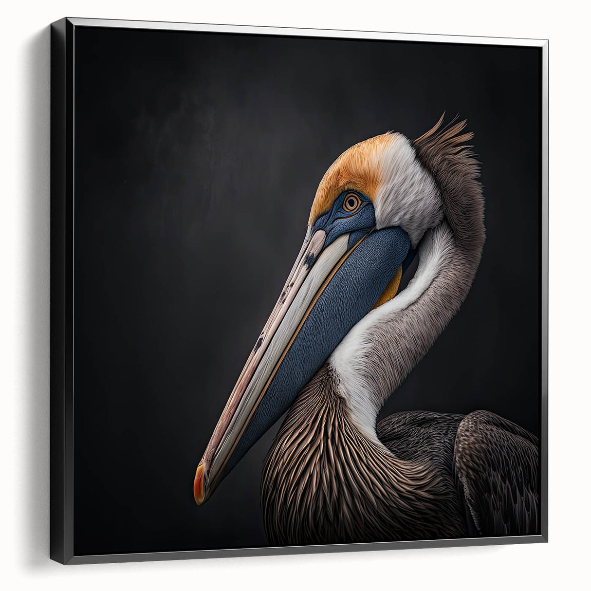 Framed canvas wall art featuring a pelican design in vibrant colors, set against a black background, showcasing an elegant side view that enhances any modern decor.
