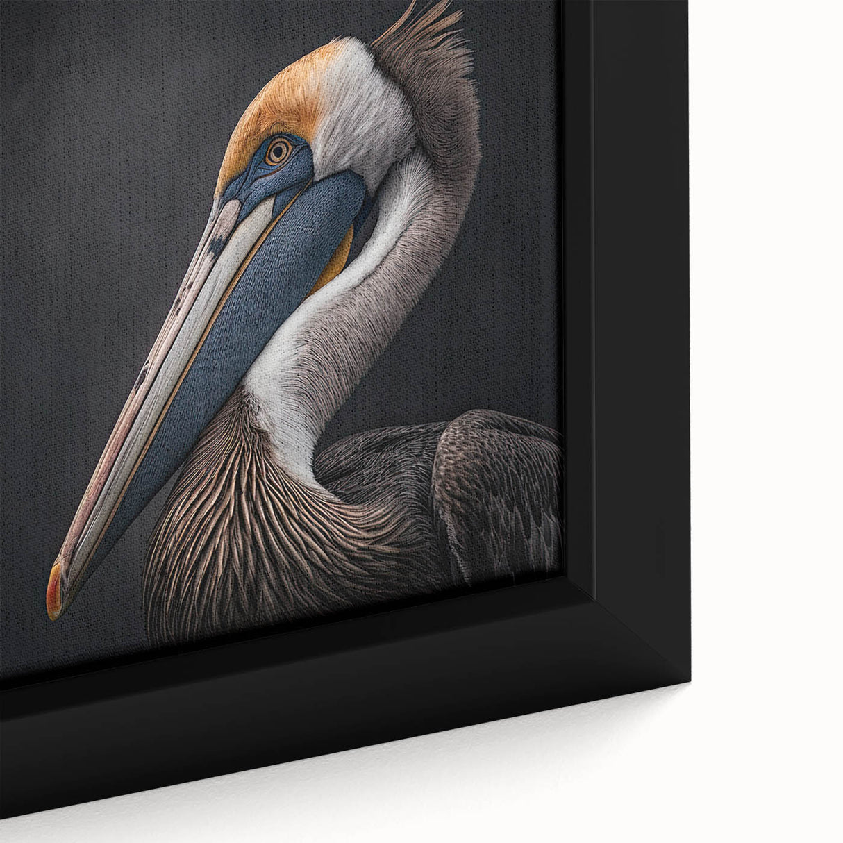 Close-up of a framed pelican wall art canvas showcasing vibrant colors and intricate details, perfect for coastal-themed home decor. Ideal for bird lovers and art enthusiasts.