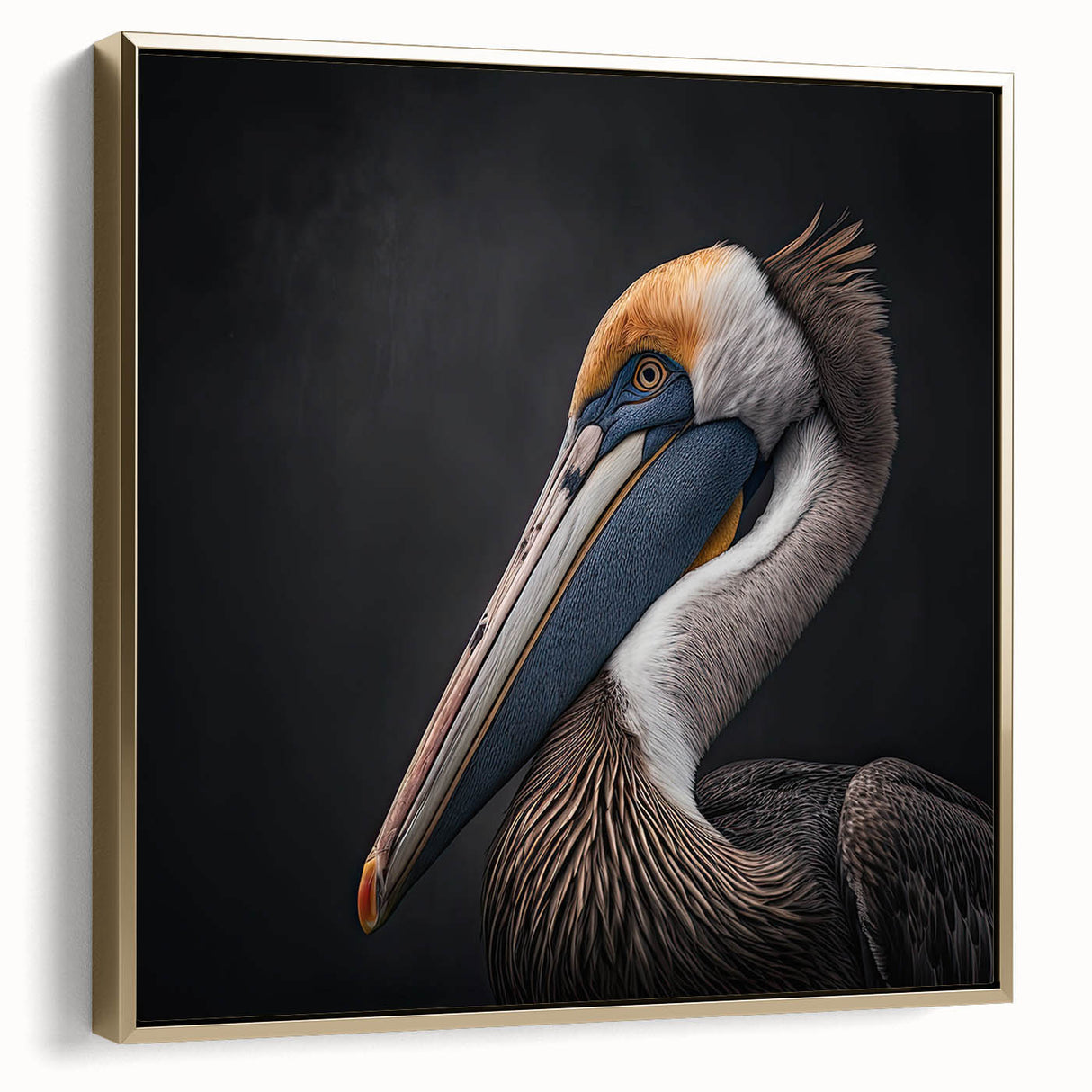 Framed canvas wall art featuring a side view of a gold-accented pelican design, showcasing intricate details and vibrant colors, perfect for coastal home decor.