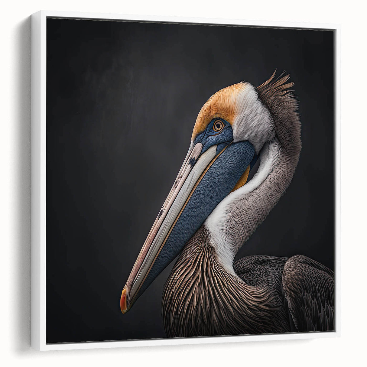 Framed canvas wall art featuring a serene side view of a pelican design, showcasing soft white tones and intricate details, perfect for coastal decor.