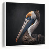 Framed canvas wall art featuring a serene side view of a pelican design, showcasing soft white tones and intricate details, perfect for coastal decor.