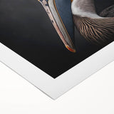 Colorful pelican wall art design printed on rolled canvas, showcasing vibrant hues and intricate details, perfect for adding a coastal touch to home decor.