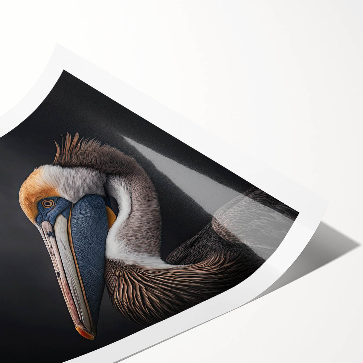 Pelican wall art print showcasing a vibrant, colorful design with intricate details, rolled and ready for framing, perfect for enhancing home decor.