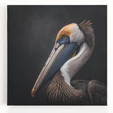 Stretched canvas wall art featuring a vibrant pelican design, showcasing intricate colors and textures, perfect for enhancing coastal home decor.