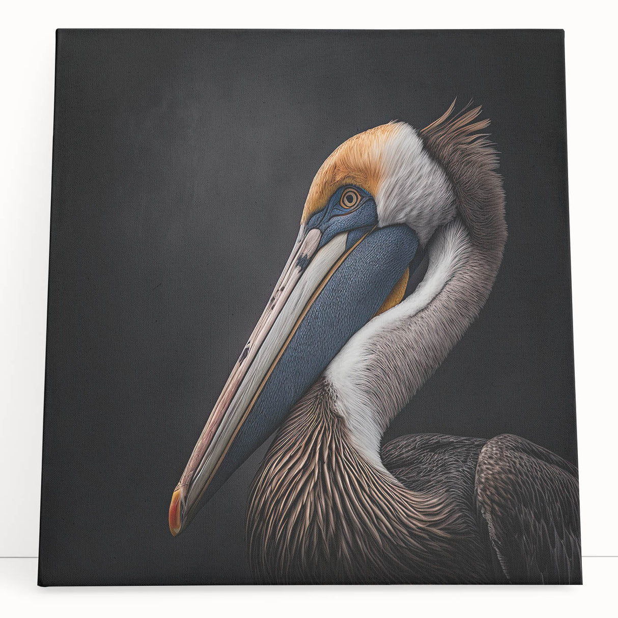 Colorful pelican wall art design on stretched canvas, showcasing vibrant hues and intricate details, ideal for coastal home decor. Perfect for nature enthusiasts.