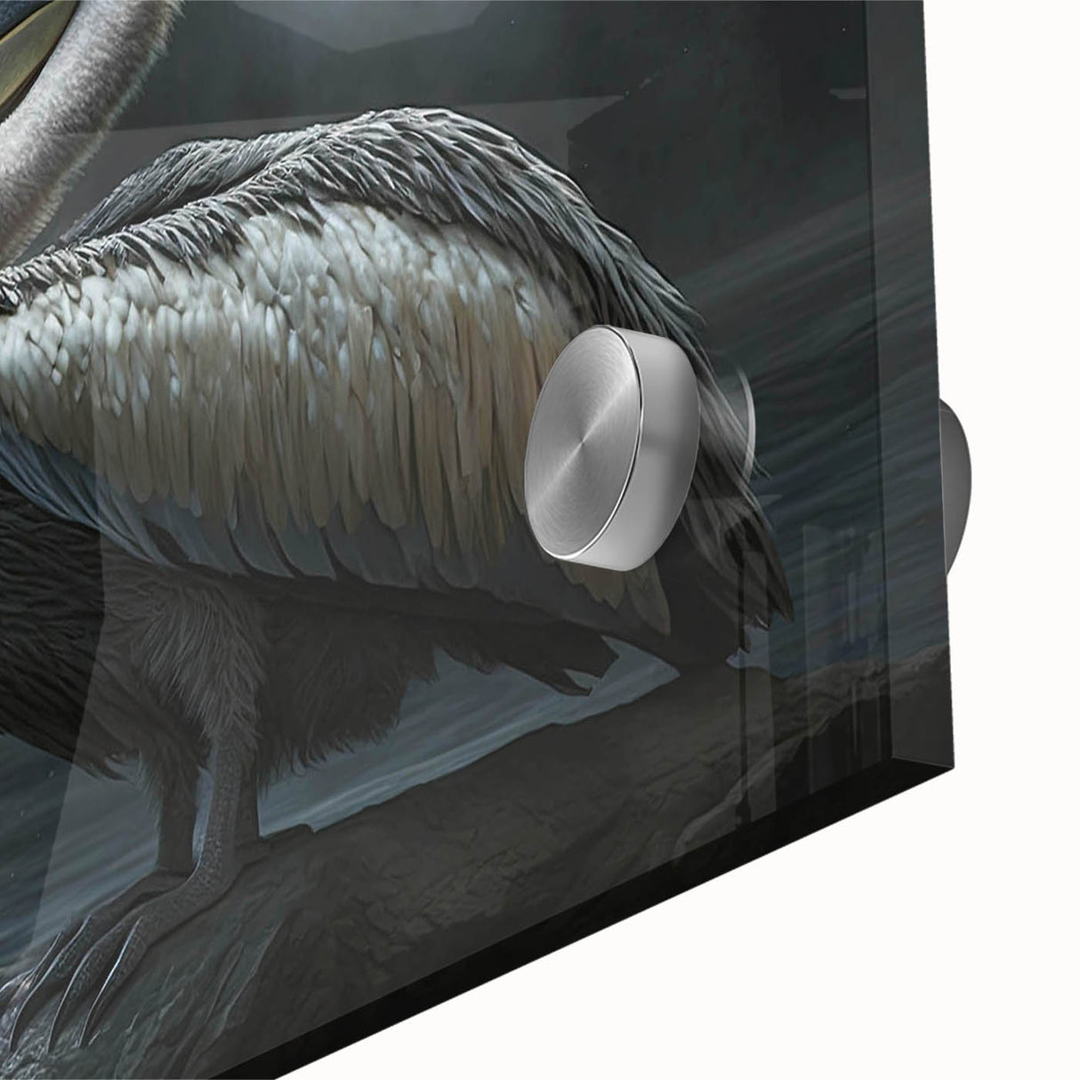 Close-up of a vibrant pelican wall art design, showcasing intricate details and colors on acrylic glass, perfect for coastal-themed decor.